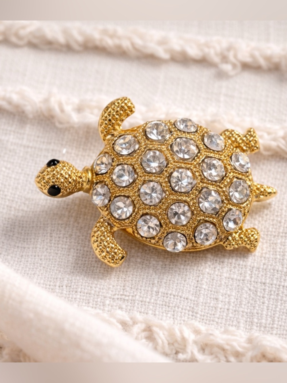 Gold Tone Rhinestone Turtle Brooch 🐢✨ Crystal Statement Pin | Cute Vintage Style